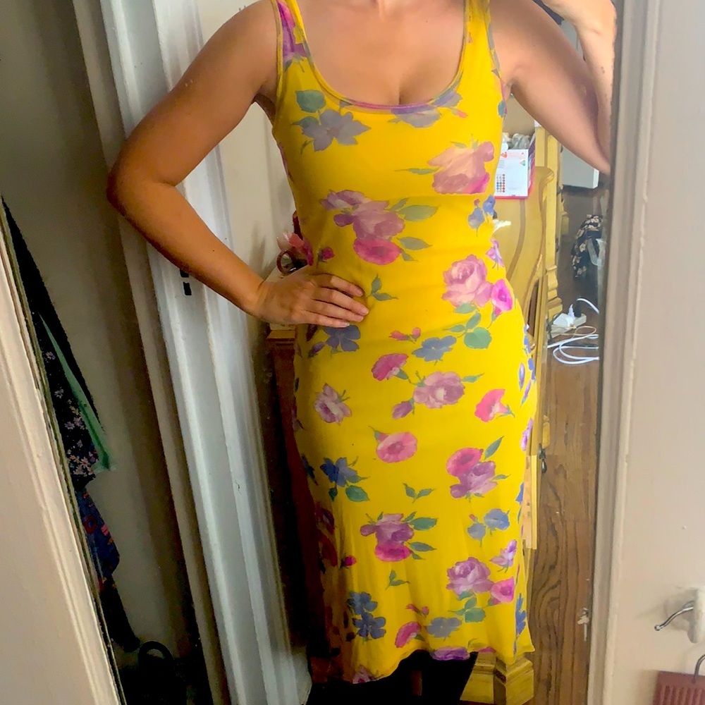 VINTAGE BETSEY JOHNSON Y2K 90s FLORAL MESH BODYCON HIGH LOW DRESS XS P S 00 0 2